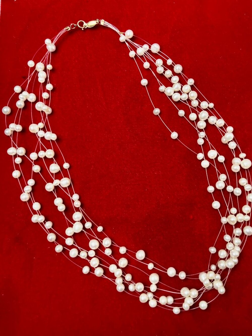 Pearl 2mm-5mm multiple strand floating invisible 10k yellow gold clasp Necklace